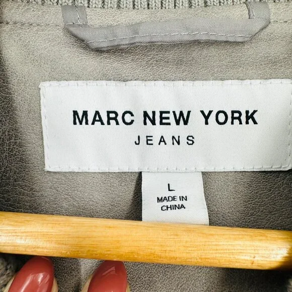 Marc New York Womens Grey Faux Leather Snap Button Long Sleeve Bomber Jacket L - Picture 8 of 11